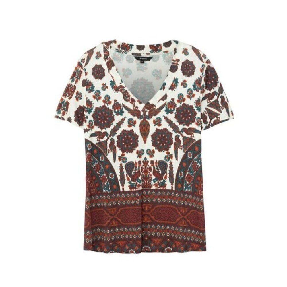 Desigual Benin V-Neck Boho Ethnic Print T-shirt Size S